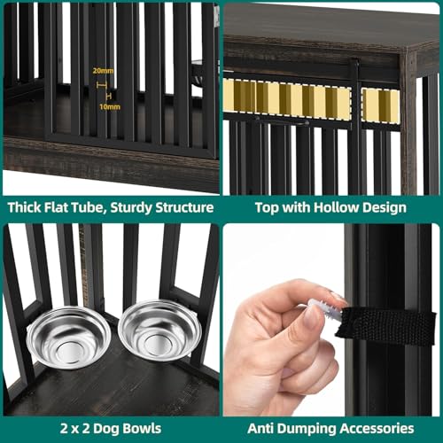 71" Double Dog Crate Furniture for 2 Dogs with 4 Bowls, view 5