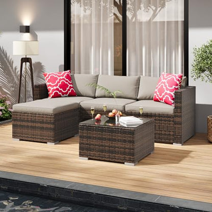 5-Piece Outdoor Sectional Sofa Set, All-Weather PE Rattan Patio Furniture with Ottoman & Tempered Glass Table, Convertible Garden Couch for Backyard, Porch, Poolside (Brown/Light Gray)