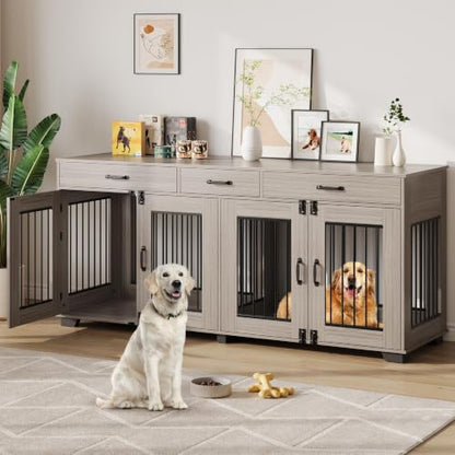 71'' Large Dog Crate for 2 Dogs, Dog Crate with 3 Drawers, Grey, view 2