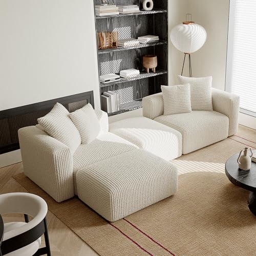 Convertible Modular Sectional Sofa with Ottoman, Sleeper Bed, White | Corduroy Couch, Wood Frame, Free Combination, DayBed, for Living Room Small Space Apartment