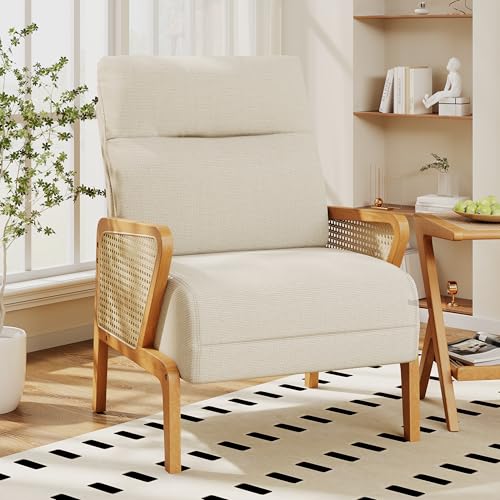 Upholstered Living Room Chairs Accent Chair Armchair, Natural Rattan Modern Slipper Club Chair Guest Reception Couch Comfy Single Sofa for Reading Bedroom-Ivory
