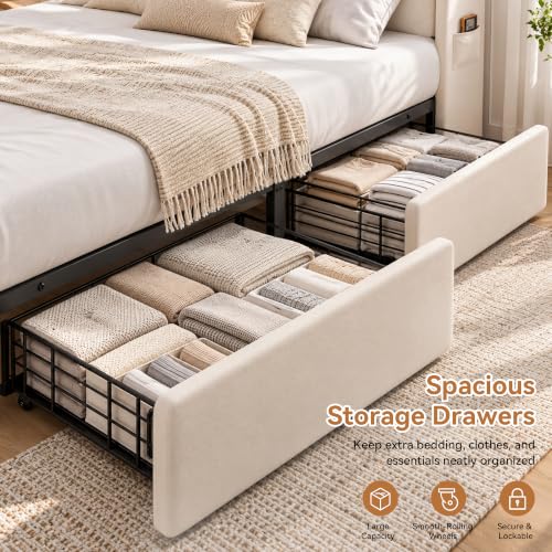 Queen Bed Frame with 2 Reversible Storage Drawers, view 5