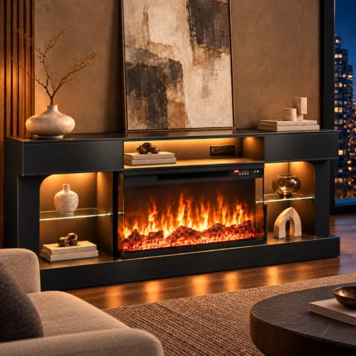 70 Inch Electric Fireplace TV Stand, Modern Entertainment Center with Fireplace, view 2
