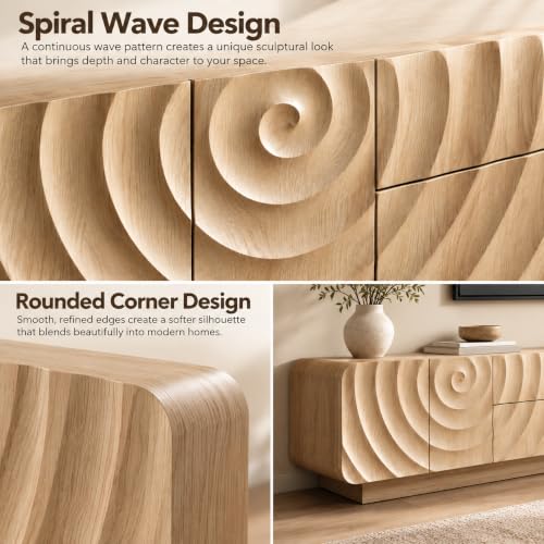 71" TV Console, Spiral Wave Design, 2 Drawers, Media Storage, Natural, view 4