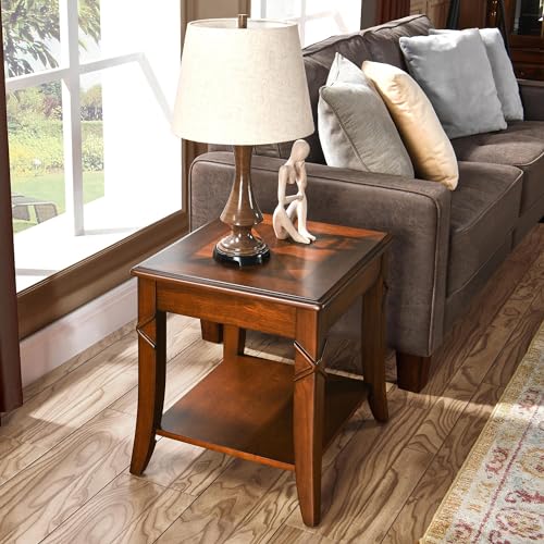 Vintage Cherry Solid Wood End Tables Living Room, Queen Anne Style Accent Side Table with Cabriole Legs, 2-Tier Nightstand with Storage Shelf, 19.7" Wx17.7 Dx19.7 H, Cherry Walnut CJZ-DR200