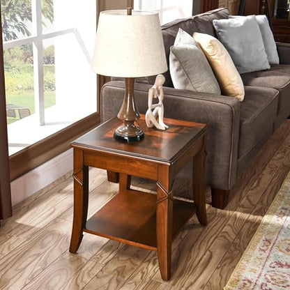 Vintage Cherry Solid Wood End Tables Living Room, Queen Anne Style Accent Side Table with Cabriole Legs, 2-Tier Nightstand with Storage Shelf, 19.7" Wx17.7 Dx19.7 H, Cherry Walnut CJZ-DR200