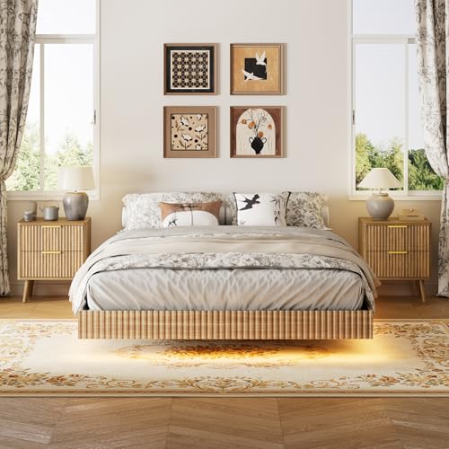 3 Pieces Queen Bedroom Set, Floating Bed Frame with Smart LED Lights & Nightstand Set of 2, Fluted Bedroom Furniture Set for Home, Bedroom, Walnut
