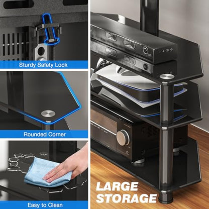 Corner Swivel Glass TV Stand with Mount for 32-70 Inch Screen TV up to 110lbs, Height Adjustable Corner TV Stand with Mount, Entertainment Center with TV Mount and 3-Tier Storage for AV Media