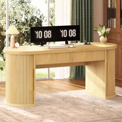 Office Desk with 2 Drawers, 58.3" x 21.7" Fluted Computer Desk with 2 Sliding Doors Storage and Power Strip, Wood Executive Desk for Home Office, Light Oak