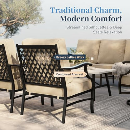 Patio Furniture Set, Modern Metal Outdoor Patio Furniture, 3 Seater Sofa, 2 Swivel Chairs, 2 Ottomans and 5.75" Extra Thick Cushion, Patio Conversation Set for Garden Backyard Deck
