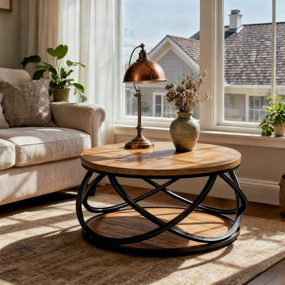Tribesigns 2-Tier Round Coffee Table, 31.5" Circle Center Table, Wood Grain Accent Table with Storage Shelf and Cross Metal Frame for Living Room, Small Space, Rustic Brown