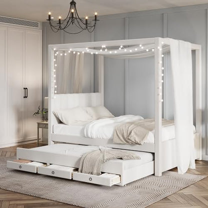 Full Size Upholstery Canopy Bed Frame with Trundle & 3 Drawers, view 2