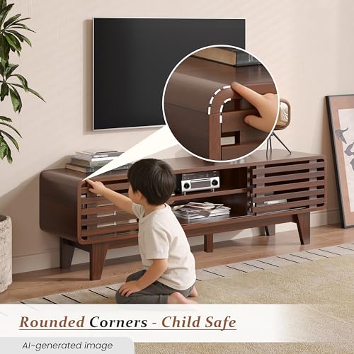 TV Stand, 55" Mid Century Modern Entertainment Center, Walnut, view 6