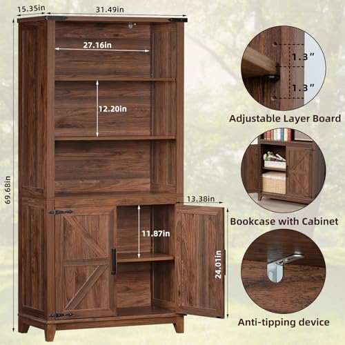 Farmhouse 70in Tall Bookshelf 5 Tier Bookcase, Barn Doors, Brown, view 3