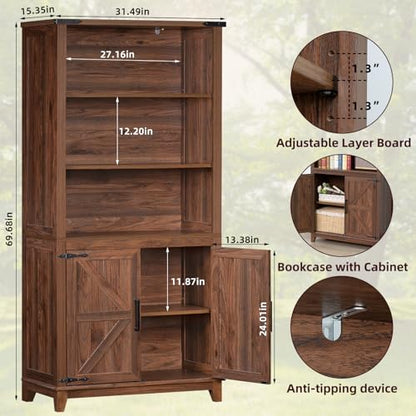Farmhouse 70in Tall Bookshelf 5 Tier Bookcase, Barn Doors, Brown, view 3