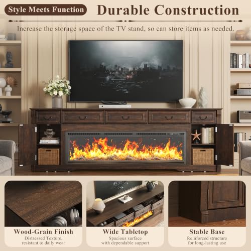 95" Fireplace Farmhouse TV Stand with 60" Electric Fireplace w Remote,Brown, view 7