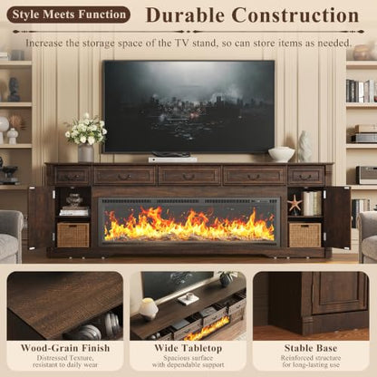 95" Fireplace Farmhouse TV Stand with 60" Electric Fireplace w Remote,Brown, view 7