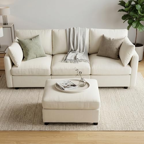 Sectional Cloud Couch for Living Room, Spring Cushion Seating, L Shaped Convertible Modular Sofa with Ottoman, Beige