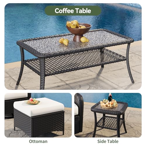 7-Piece Patio Furniture Set with Thick Cushions, Wicker Rattan Outdoor Sectional Sofa with High Back Swivel Rocker Chairs, Outdoor Patio Furniture Set with Coffee Table & Ottoman, Beige