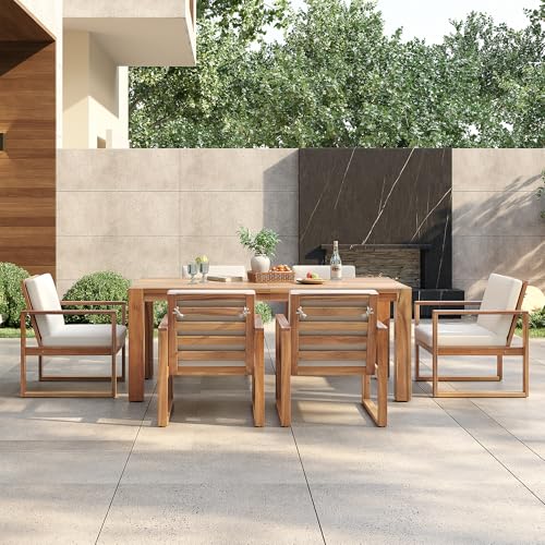 7 Piece Patio Dining Table Set with Umbrella Hole, Outdoor Acacia Wood Furniture Set with Removable Cushion for Garden, Backyard, Lawn, Poolside (Beige,Light Teak)