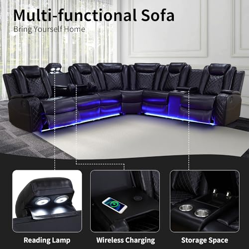 Power Recliner Sofa Sectional Couch for Living Room Furniture Set,Leather Reclining Corner Sectional Couch with 3 Recliner Seats,Cup Holder,Storage,LED Light for House/Home Theater, Black