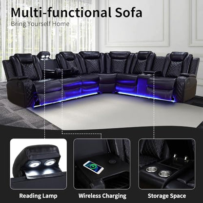 Power Recliner Sofa Sectional Couch for Living Room Furniture Set,Leather Reclining Corner Sectional Couch with 3 Recliner Seats,Cup Holder,Storage,LED Light for House/Home Theater, Black
