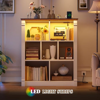 7 Cube Storage Organizer, Bookcases with LED Lighting, White | Anti-Tip Safety Design, Power Outlet Keep Cords Tidy, Sturdy Engineered Wood