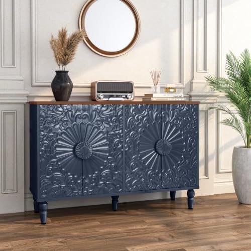 Blue Sideboard Buffet Cabinet with Embossed Floral Doors, view 6