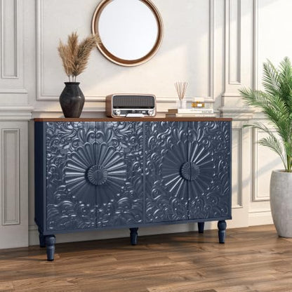 Blue Sideboard Buffet Cabinet with Embossed Floral Doors, view 6