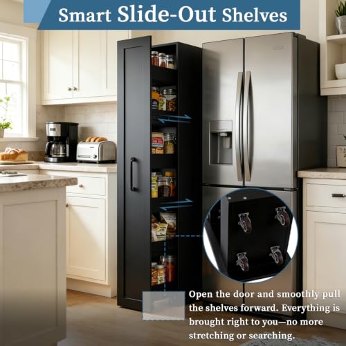 Slim Black Pantry Cabinet with Rolling Tiered Shelf Next to Fridge, view 4