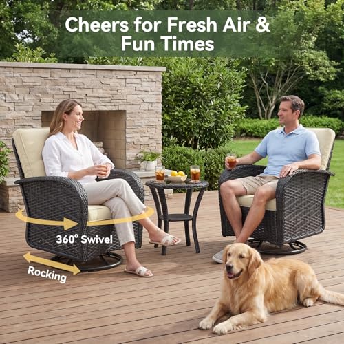 10-Piece Patio Furniture Set with 44” Fire Pit Table, Widen Armrests Wicker Rattan Outdoor Sectional Sofa with Swivel Chairs, Outdoor Patio Furniture Set with Thick Cushions & Ottoman, Beige