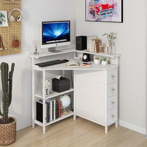 Corner Desk with Drawers Shelves for Small Space 90 Degrees Triangle Computer Desk with Power Outlets,Gaming Desk with LED Lights Monitor Stand for Home Office Workstation Writing Table (White)