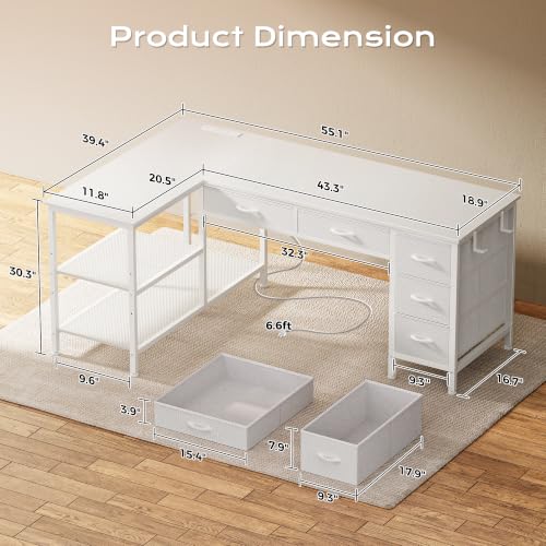 55 Inch L Shaped Desk with Power Outlets, 5 Fabric Drawers, view 4