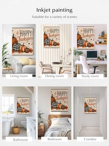 NuYeBiofx Happy Thanksgving Words Canvas Wall Art Prints,30"x20" Framed Picture Artwork Leopard Patterned Pumpkin Printed Canvas Oil Painting for Living Room Bedroom Office,Ready to Hang