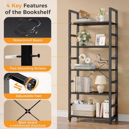 5-Tier Bookshelf, Modern Tall Bookcase Book Shelf Storage Organizer, view 6