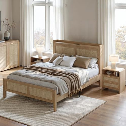 Rattan Bed Frame Queen Size with Woven Headboard, Natural Oak, view 7
