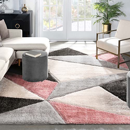 Walker Pink Triangle Boxes Thick Soft Plush 3D Textured Shag Area Rug 4x6 (3'11" x 5'3")