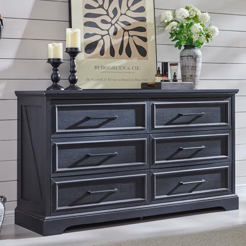 52" Wide Farmhouse 6 Drawer Dresser for Bedroom, Black, view 2