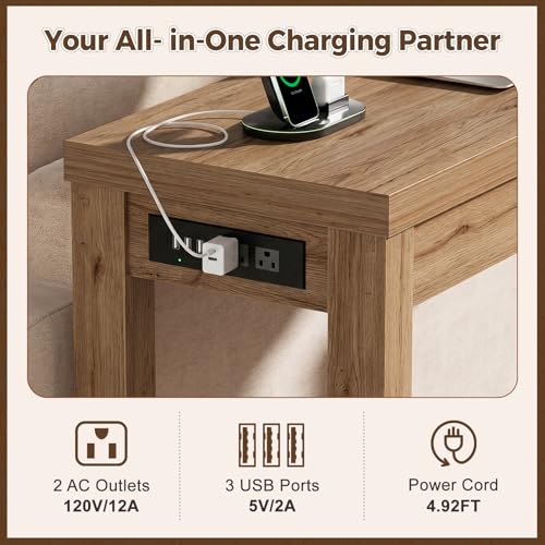 63" Console Table with Charging Station, 13.8" Deep Farmhouse Sofa Table Behind Couch with 2 AC Outlets & 3 USB Ports, Long Entryway TV Console or Home Office Desk, Natural Oak