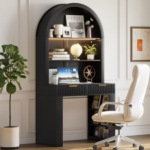 35.4" Arched Writing Desk with Hutch & Power Outlet for Home Office, view 2