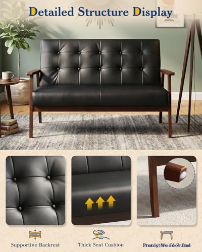 3 Piece Black Faux Leather Mid Century Modern Wood Frame Living Room Set | Loveseat Sofa Set Tufted Upholstery Furniture Set, Couch Set for Waiting Room\Small Space\Office\Dorm\Lobby