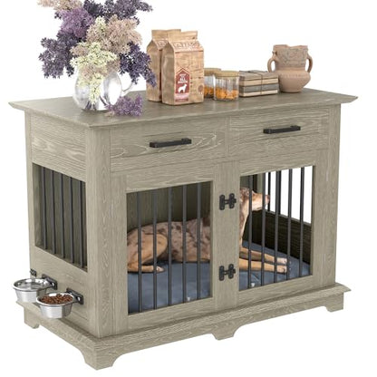 Dog Crate Furniture with Drawers, End Table for Medium Dogs, Gray, view 8