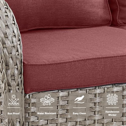 5 Piece Wicker Patio Furniture Set - Outdoor Conversation Sets with Deep Seating Swivel Rocker Chairs Loveseat and Rattan Coffee Table for Deck Backyard Poolside, Gray Wicker/Red Cushion
