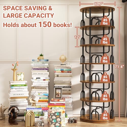 6 Tier Rotating Bookshelf Tower, Revolving Bookcase, Rustic Brown, view 3