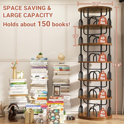 6 Tier Rotating Bookshelf Tower, Revolving Bookcase, Rustic Brown, view 3