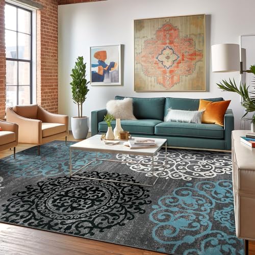 Modern Floral Scroll Area Rug, Fade-Resistant Carpet for Bedroom, Office, or Living Room, Gray, 6'6" x 9'