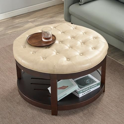 Round Coffee Tables for Living Room,33’’ Storage Ottoman with Wooden Tray, Upholstered Ottoman Footrest, Ivory