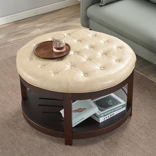 Round Coffee Tables for Living Room,33’’ Storage Ottoman with Wooden Tray, Upholstered Ottoman Footrest, Ivory