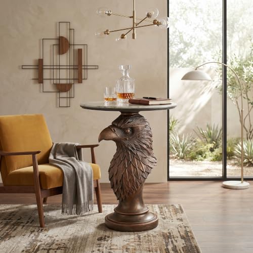 Eagle Head Accent Side Table - End Table with Faux Marble Top Unique Eagle Statue Decor for Living Room Bedroom Entryway Elegant Animal Sculpture Modern Classical Decoration, Bronze