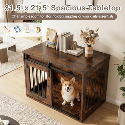 Farmhouse Wooden Dog Crate Furniture with Sliding Barn Door, view 5